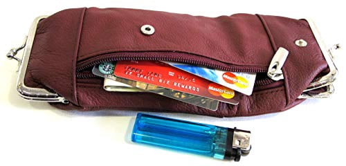 Women's - Leather Cigarette Case Coin Purse Double Twist Clasp Closure Zipper Pocket- Burgundy