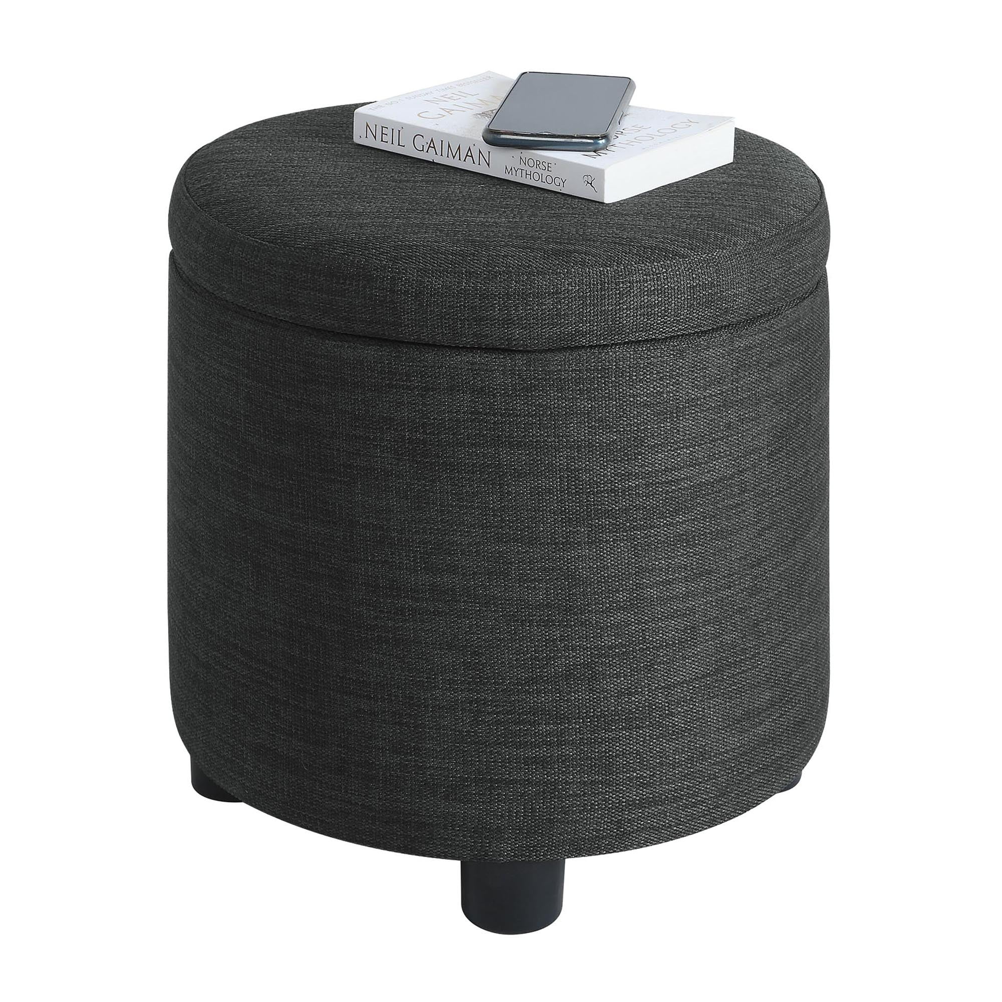 Designs4Comfort Round Accent Storage Ottoman with Reversible Tray Lid, Dark Charcoal Gray Fabric