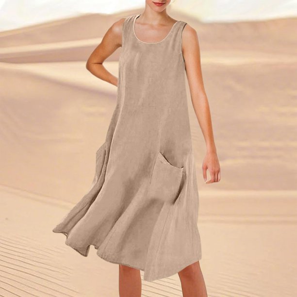 WILLBEST Vestido Lino Mujer Vestido Playero Informal De Verano De Color Liso Sin Mangas Hasta La Rodilla Con Cuello Redondo Y Bolsillos Para Vacaciones, Viajes Y Uso Diario