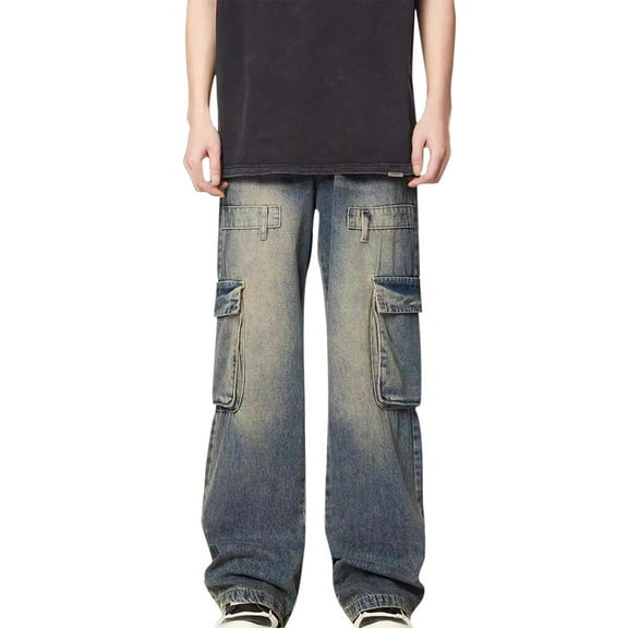 Men's High Street Baggy Denim Jeans Loose Fit Hop Techwear Cargo Pants with Multiple Pockets for Comfort and Style