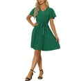 thumbnail image 2 of INSPIRE CHIC Women's Casual Pleated V Neck Belted Short Flutter Sleeve Dresses, 2 of 4