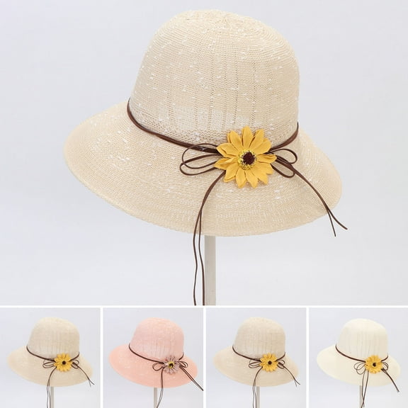 Ladies Sun Hat - Bowknot Flower Decor - Summer Wide Brim Floppy Bucket Hat for Women Girls
