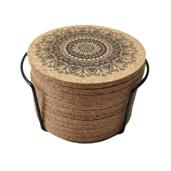 12Pcs Cup Coasters Coffee Pad With Rack Nordic Mandala Round Cork NICE T1V7