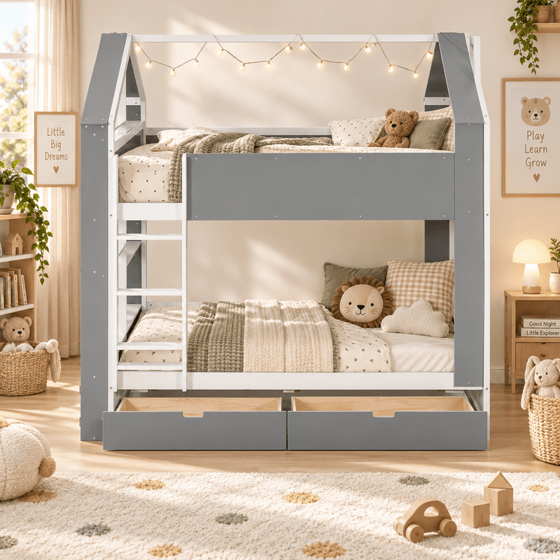 Full Over Full Bunk Bed with Storage Drawers and Shelves, Modern Two-Tone Wood Bunk Bed with LED Light Strip, Safety Guardrails and Ladder, Space-Saving Bed Frame for Kids, Teens