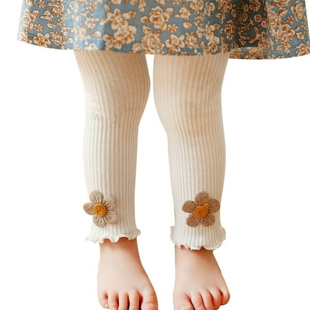 

LNWUY Children s Girl Cable Knit Footless Tights with Sun Flower Toddlers Ankle Length Cotton Ruffle Leggings White 4 Years