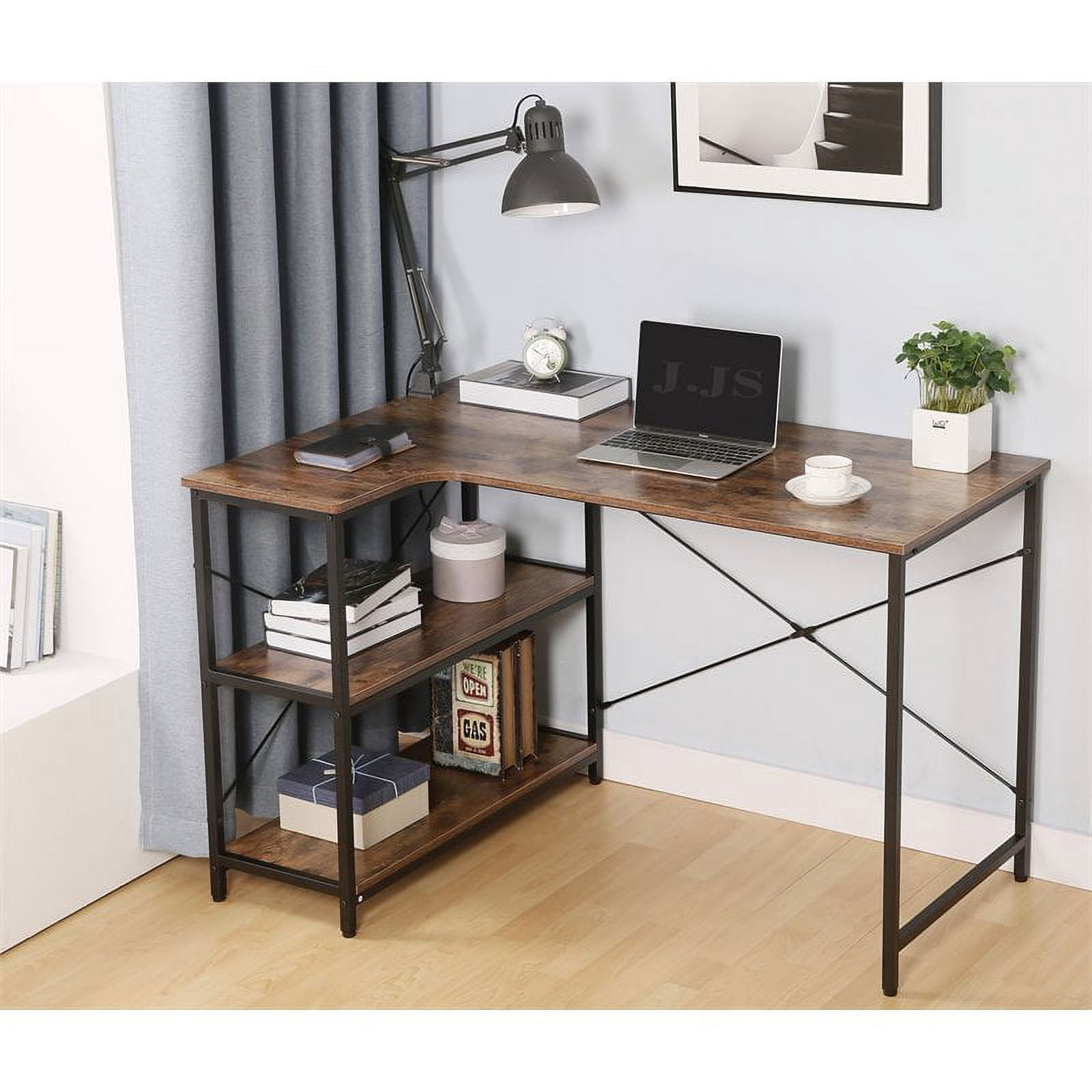 JJS L-Shaped Home Office Corner Writing Computer Desk with Built-in Bookcase, Wood and Metal Modern Study Laptop Table Workstation with Storage Shelves for Small Spaces,Rustic Brown