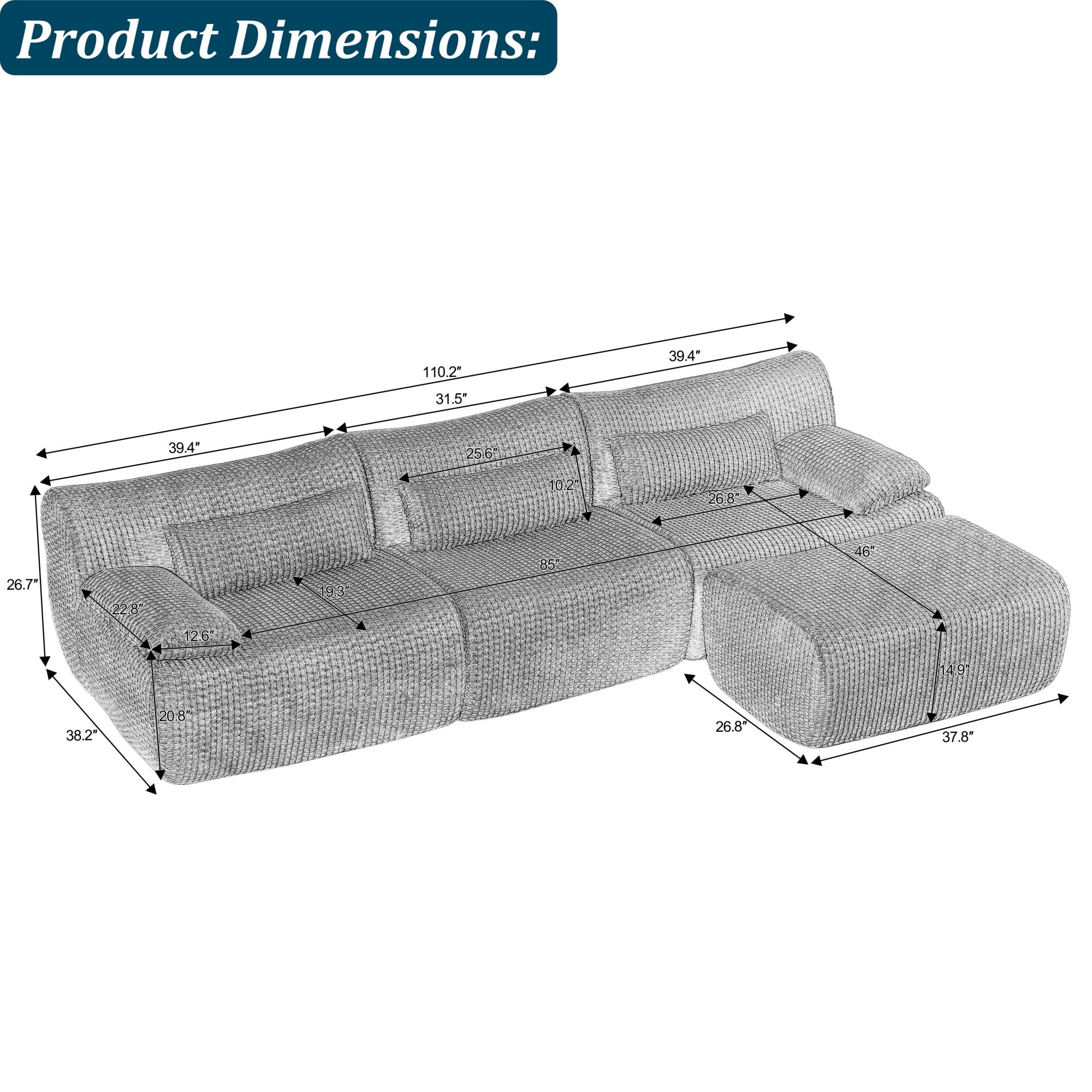 Modern L-Shaped No Assembly Floor 3-Seater Sectional Sofa, Cloud-Like Boneless Upholstered Couch with Ottoman, Living Room Modular Sofa Set