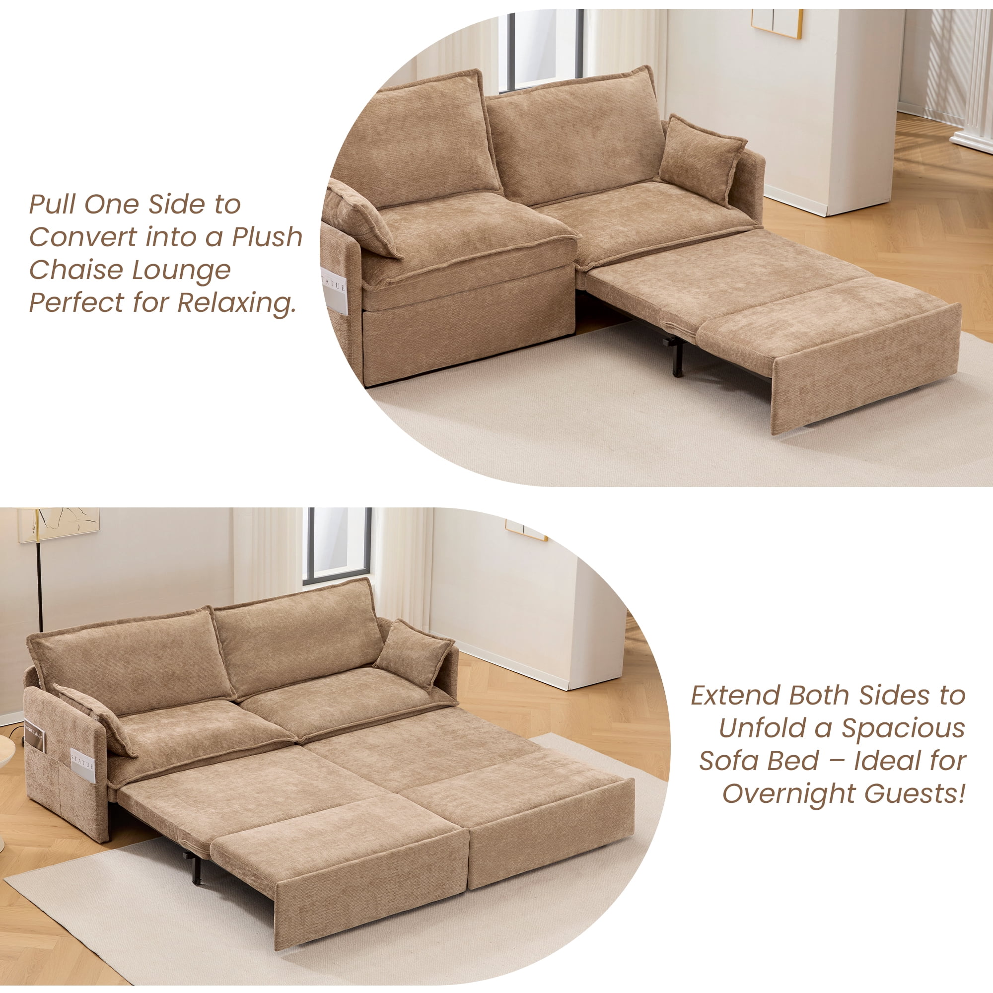 73.6'' Pull Out Sofa Bed, 3 in 1 Convertible Sleeper Loveseat Sofa, Pull Out Couch with USB Charging, Side Pockets for Living Room, Apartment, Small Spaces (Chenille, Khaki)