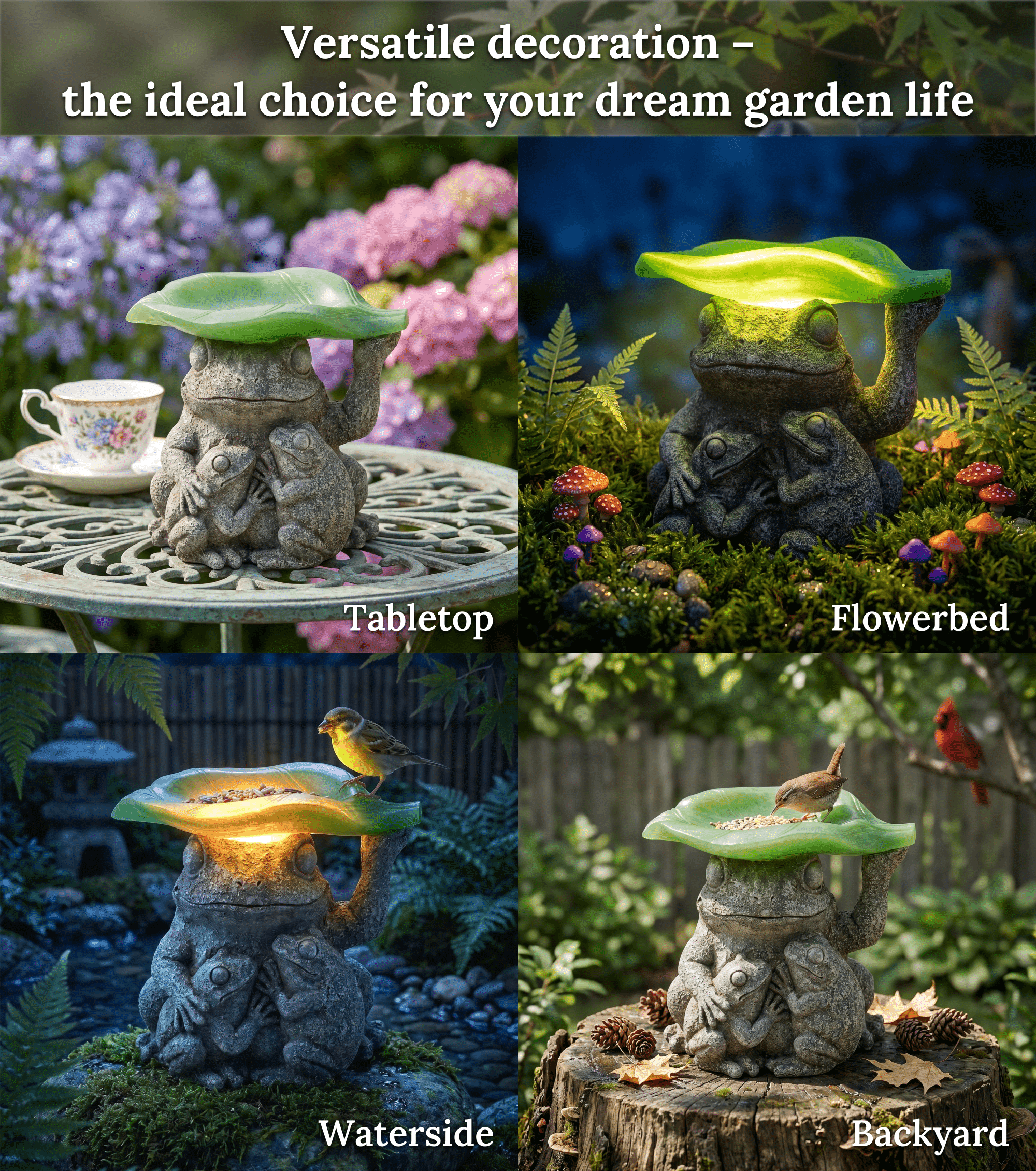 DAK Resin Solar Frog Garden Statue with Bird Feeder and LED Light, Frog Family for Yard Art Solar Garden Light for Patio Lawn Yard Decoration