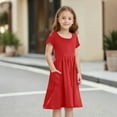 thumbnail image 5 of TQWQT Girls Red Dresses Summer Short Sleeve Girls Sundress Size 10-12 A Line Dresses Cute Kids Crew Neck Party Dress Basic Tween Girls T-Shirt Dress with Pockets Red 110, 5 of 8