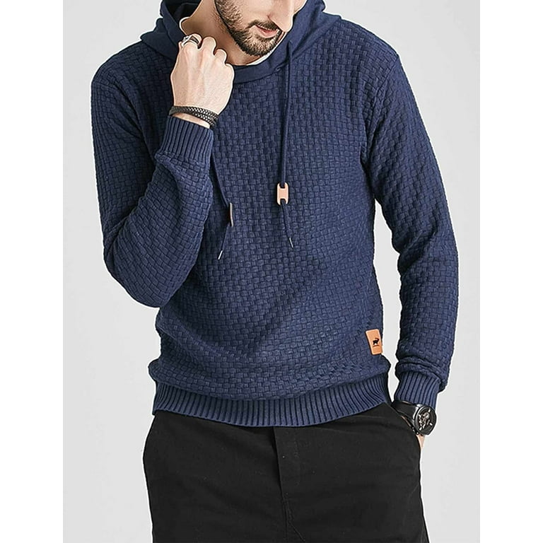 DanceeMangoos Men s Knitted Hooded Sweatshirt Long Sleeve Waffle Knit Hoodie Pullover Solid Drawstring Hooded Sweater for Men