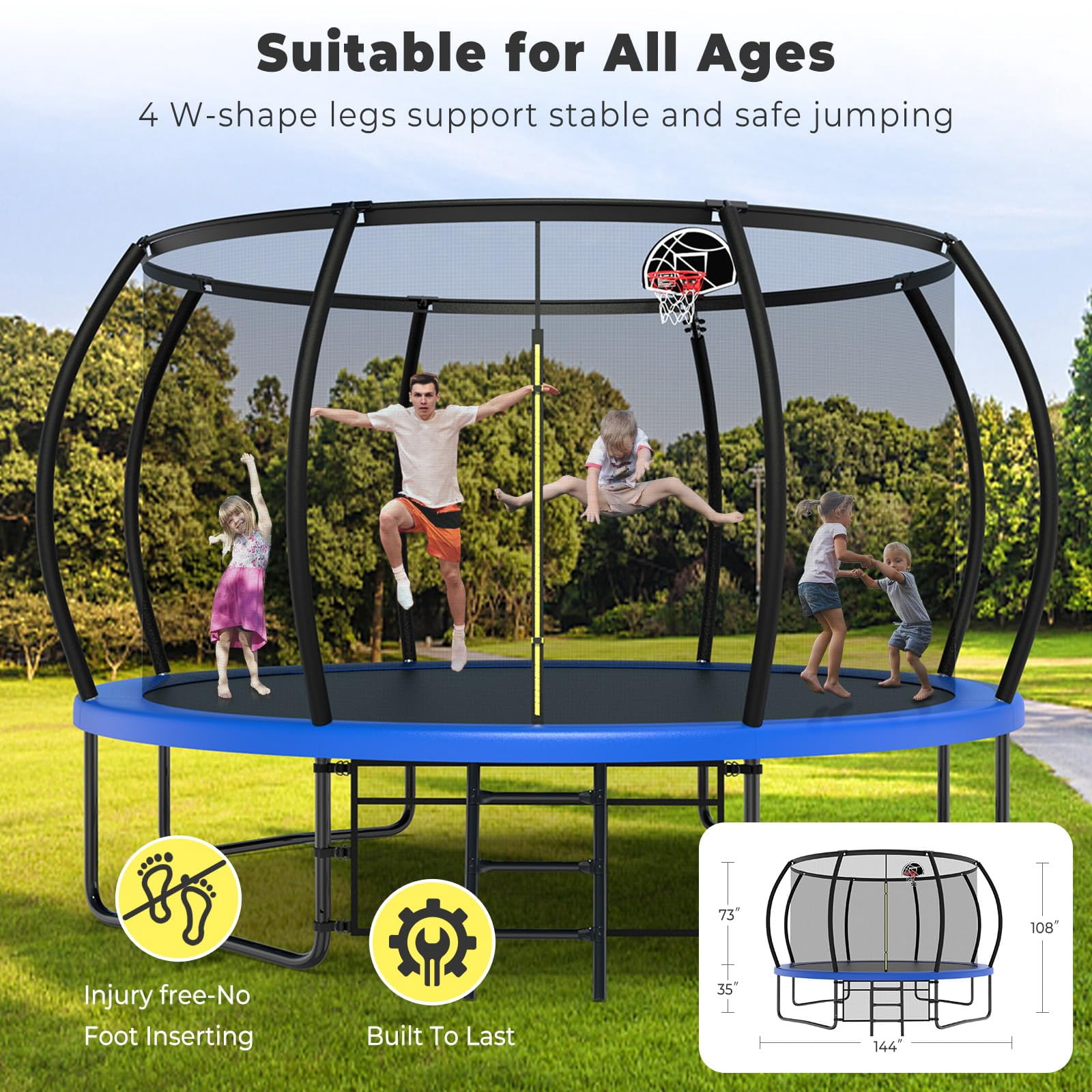 JOYFULIN Trampoline, 12FT Trampoline for 1-2 Adults or 4-5 Kids, 1200LBS Trampoline with Enclosure, Basketball Hoop, Shoes Bags, Galvanized Full Spray Outdoor Recreational Round Trampolines