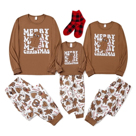 PatPat Christmas Pajamas Family Matching Cute Flowing Gingerbread Man Pattern 2 Piece Tops and Pj Pants Set with Christmas Socks for Holiday Gifts, Khaki, Women M