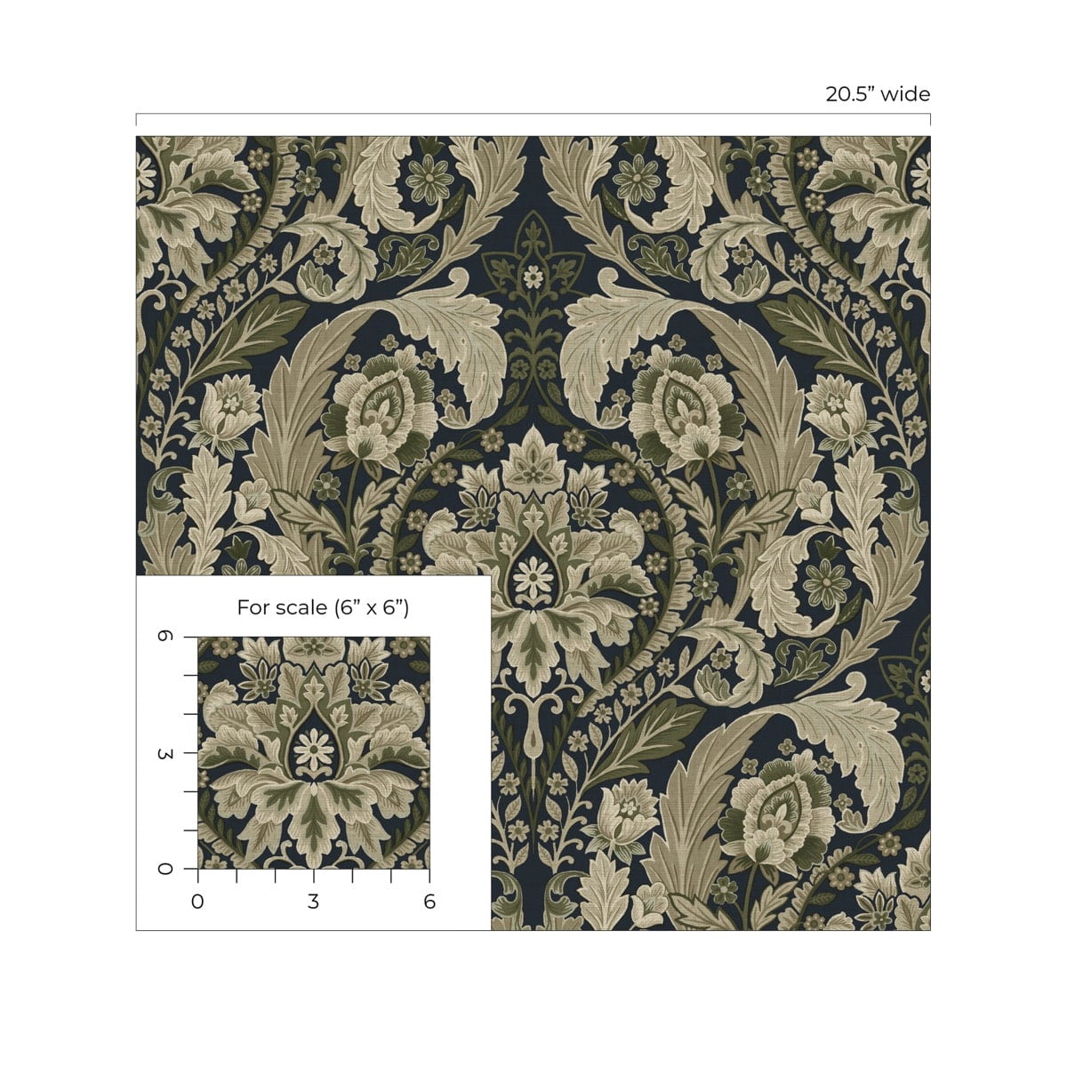Harry & Grace Deep Sea Thornton Vintage Damask Peel and Stick Wallpaper - 20.5 in. W x 18 ft. L Roll