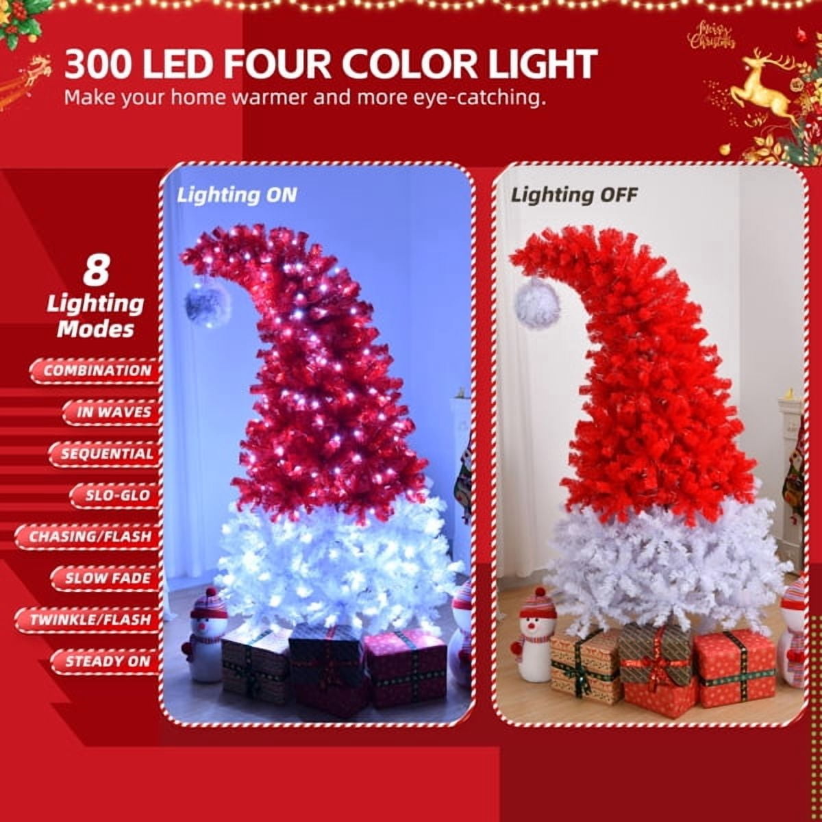 Alvantor 6 ft Santa Hat Pre-Lit Artificial Christmas Tree with 300 Cool White LED Lights, 8 Modes and 1050 PVC Tips, Red and White