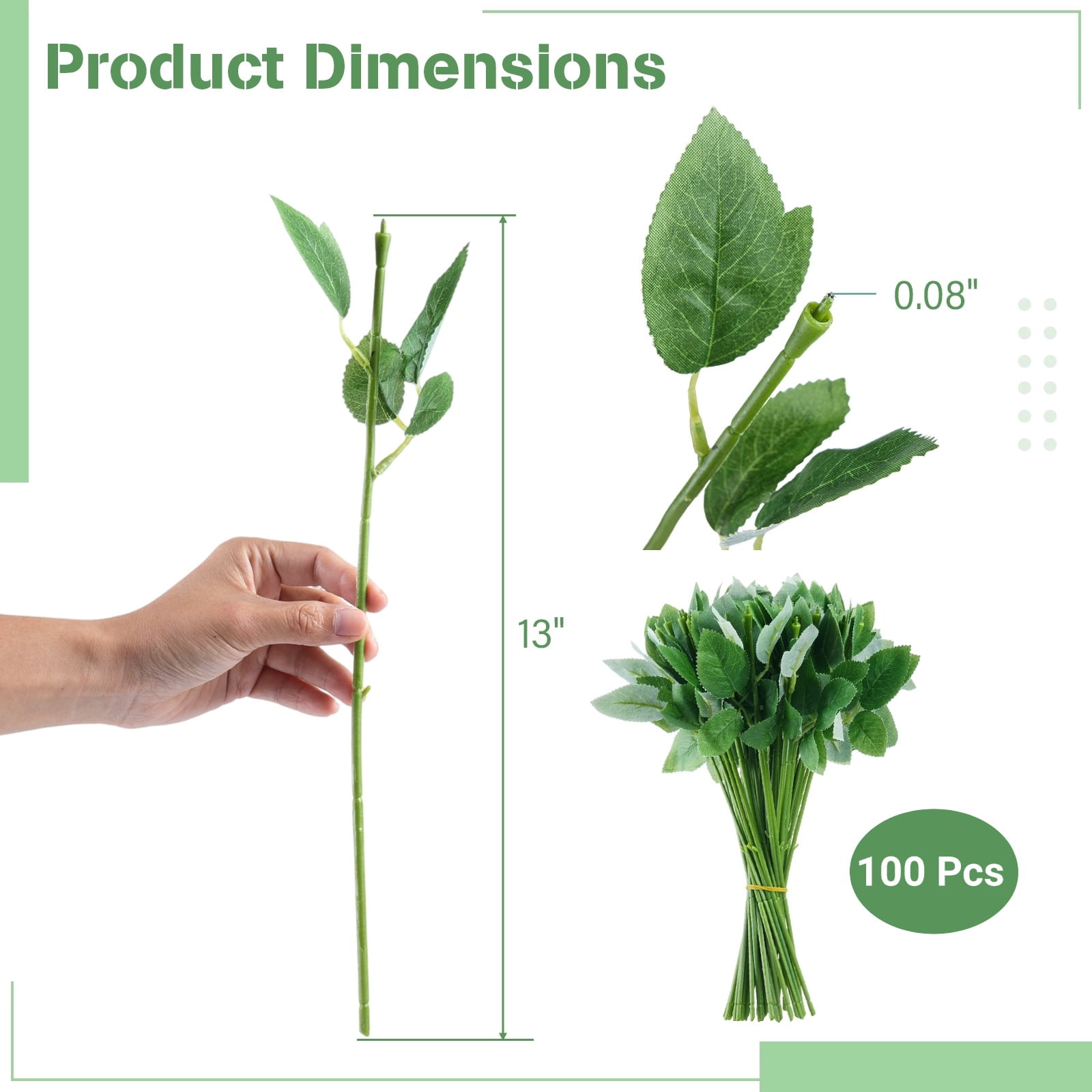100 Pcs Rose Stems with Leaves,Fake Flower Stems,Faux Green Leaves Stems,Floral Arrangement Supplies,DIY Artificial Flowers Tools for Bouquet Wedding Party