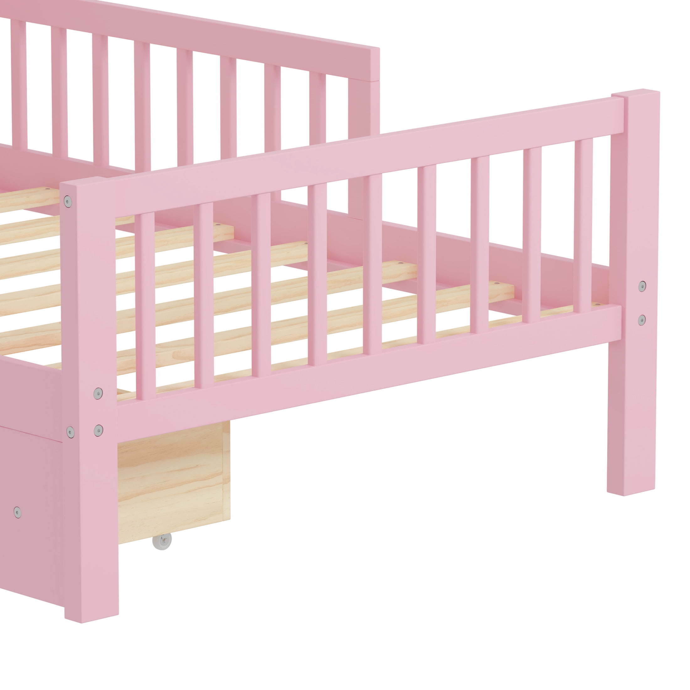 Noble House Twin Bed Frame with Headboard Storage Rack, 2 Drawers, and Safety Guardrails, Pink