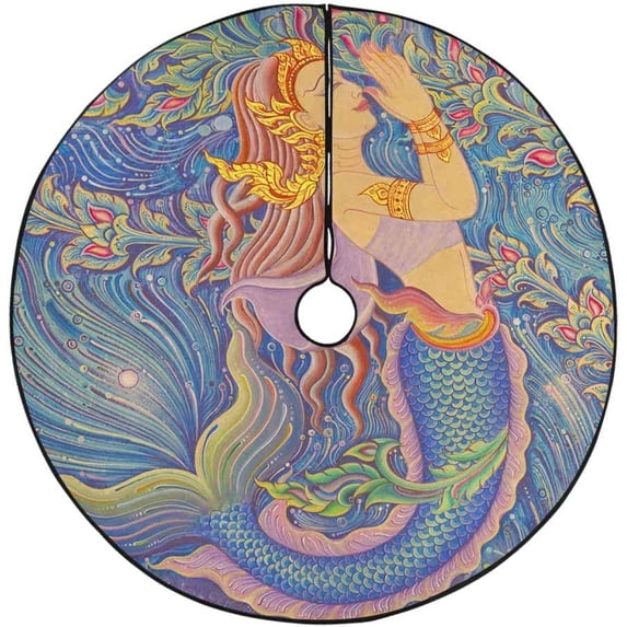 FMSHPON Art Thai Mermaid Floral Xmas Christmas Tree Skirt Stand Mat for Holiday Party Decoration Indoor Outdoor 48 inches