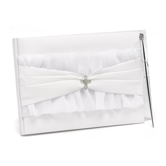 Paper Frenzy Luxury White Satin Covered Religious Cross Themed Wedding Guest Book and Pen Set