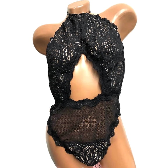 Victoria's Secret Dream Angels Black Crochet Lace High-Neck Teddy Size Large NWT