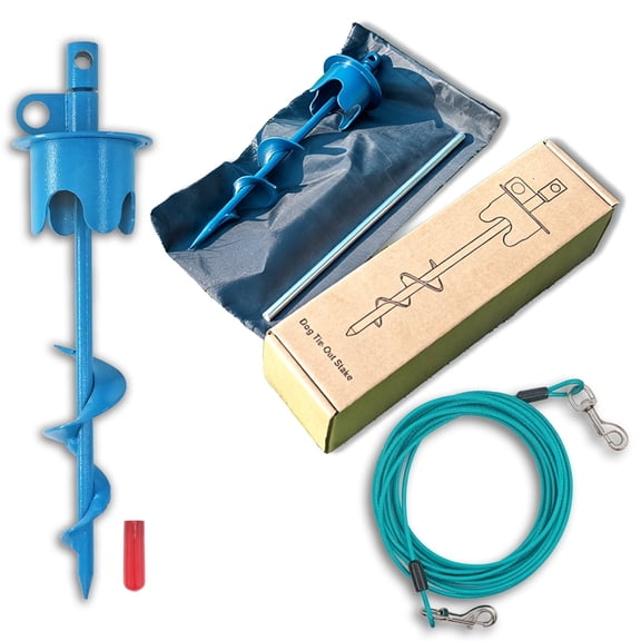 Molvyan Dog Stakes for Outside Hold up to 250Lbs Dogs Heavy Duty Tie Out for Yard Outdoor Screw in Dog Anchor Set 13 inch Blue, 15 FT Steel Cable