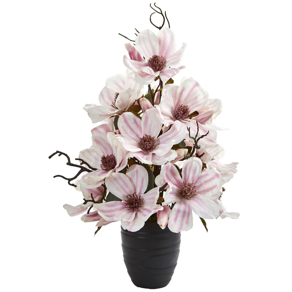 Nearly Natural Magnolia Artificial Arrangement in Black Vase Walmart