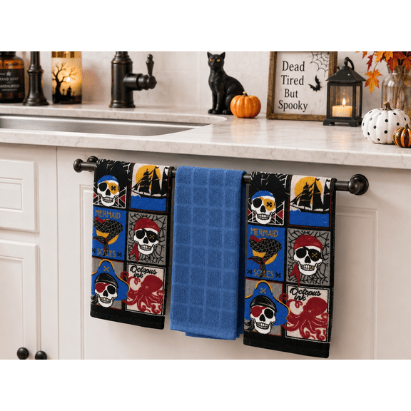 Serafina Home Halloween Dish Hand Towels: Navy Blue Cotton Towels with Pirate's 15" x 25"