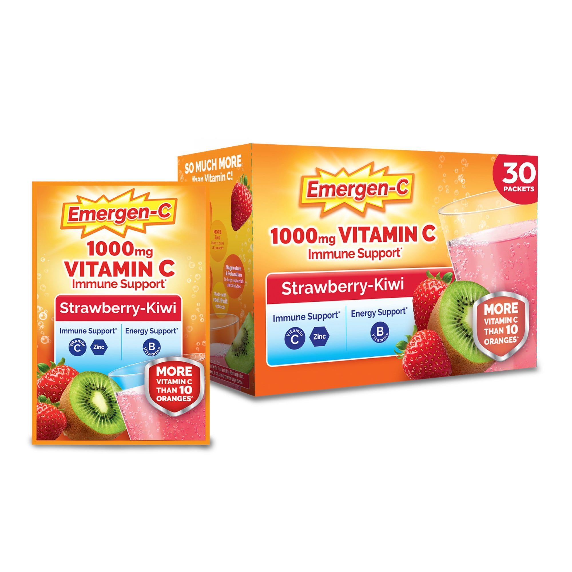 Emergen-C 1000 Mg Vitamin C Powder for Immune Support, Strawberry Kiwi Flavor - 30 Count