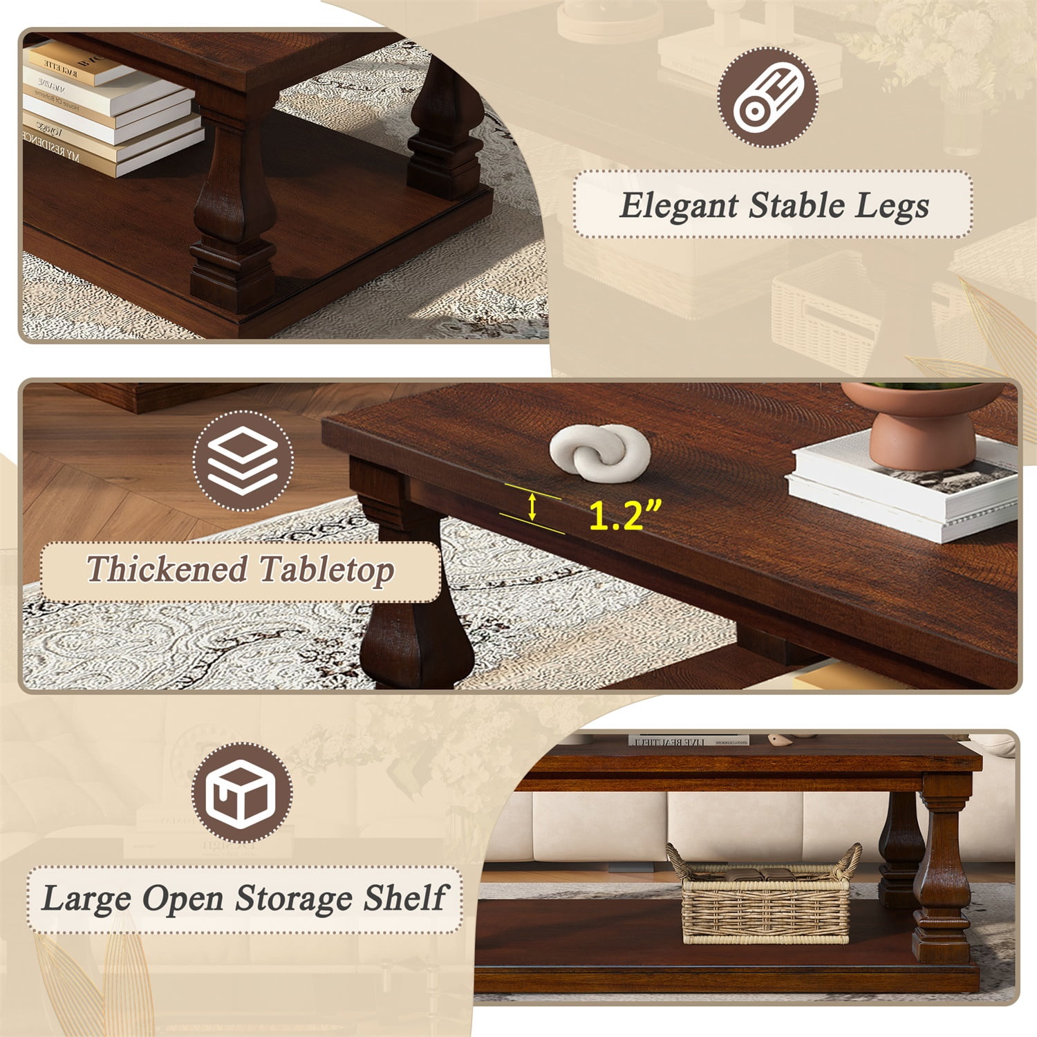Hommoo Farmhouse Wood Coffee Table 46 Inch Rectangular with Open Shelf Storage, Rustic Living Room Center Table, Walnut
