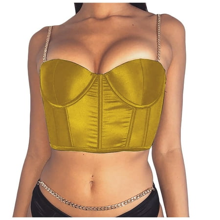Women Sexy Spaghetti Strap Satin Crop Corset V Neck Sleeveless Crop Bustier Slim Fit Clubwear Crop Camis Top Valentines Day Gifts