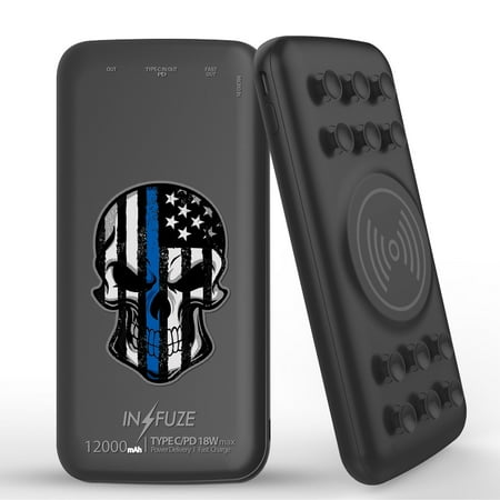 

INFUZE Qi Wireless Portable Charger for Samsung Galaxy A32 5G External Battery (12000 mAh 18W Power Delivery USB-C/USB-A 3.0 Ports Suction Cups) with Touch Tool - Thin Blue Line USA Skull
