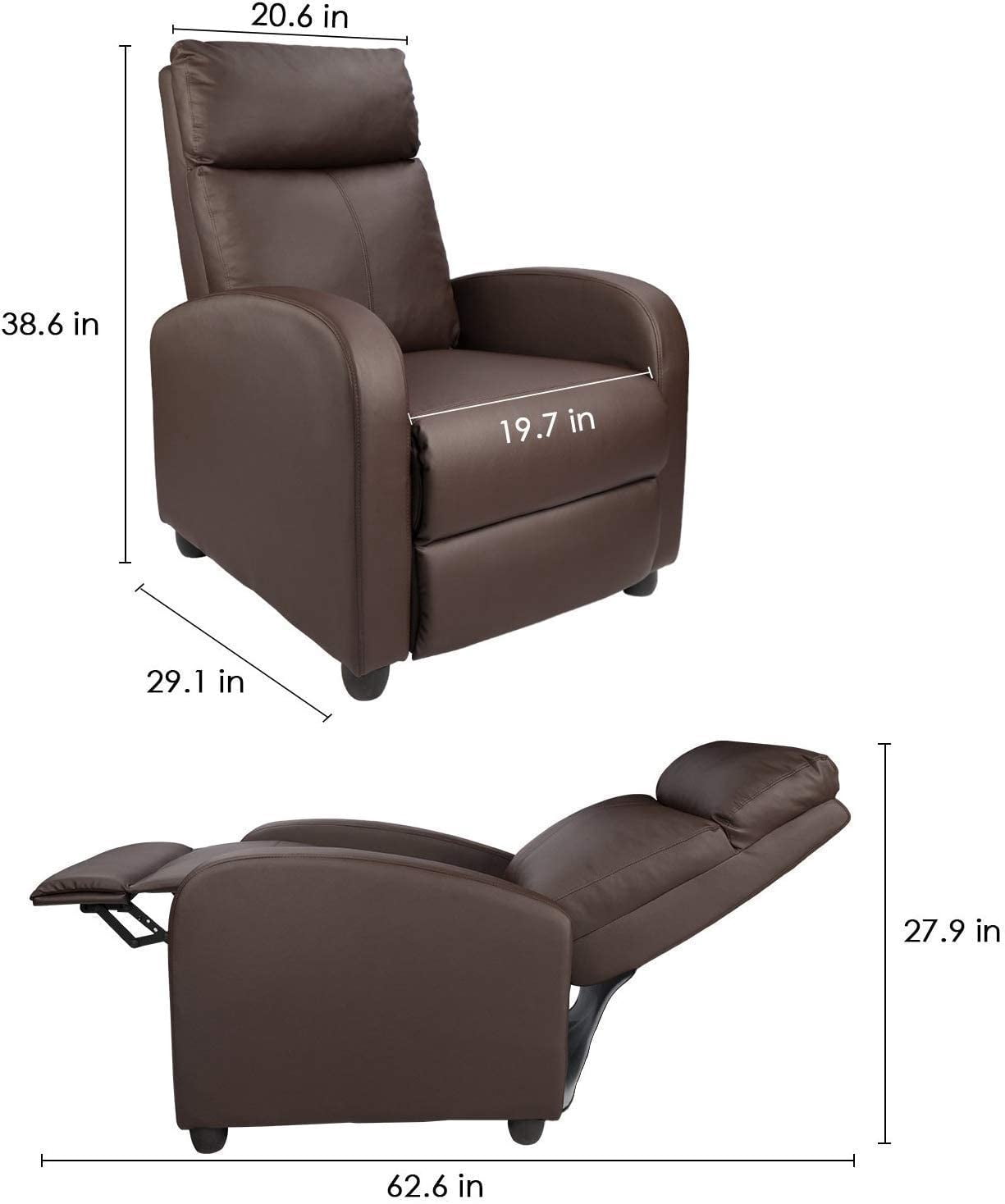 Walnew Brown PU Leather Single Sofa Recliner with Padded Seat and Backrest, Multi-Positions