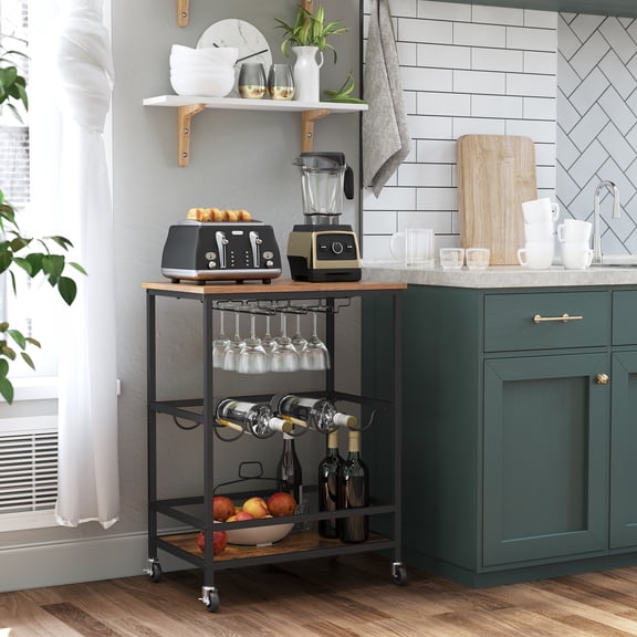 VASAGLE Carrito con Ruedas, Carrito de Cocina, 40 x 60 x 82 cm, Carrito de Servicio con Soportes para Vasos y Botellas, Estilo Industrial, Marrón Rústico y Negro
