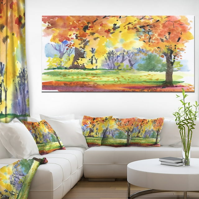 Automne Parc Arbres Jaunes Aquarelle - Impression sur Toile Paysage