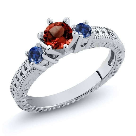 Gem Stone King 1.28 Ct Round Red Garnet Blue Created Sapphire 925 Sterling Silver Ring (Size 5)