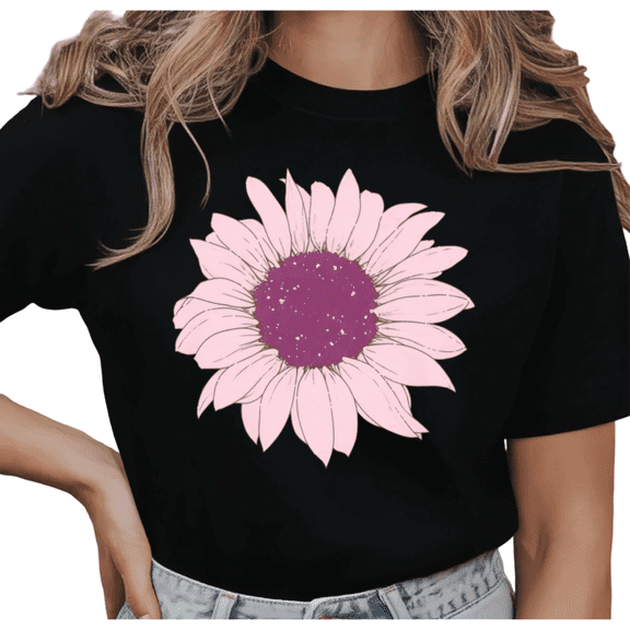 UNISHE Women's Pastel Pink Daisy Flower Graphic Short Sleeve T-Shirt Comfortable Cotton Crewneck Top