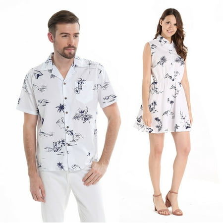 Couple Matching Hawaiian Luau Cruise Outfit Shirt Dress Classic Map White Flamingo Men 3XL Women