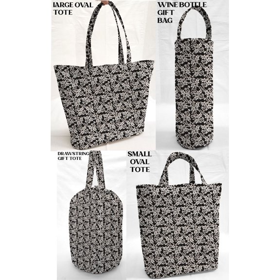 Floral Damask Reusable Fabric Gift Bags and/or Bags by Penny's Needful Things (Drawstring Tote) (Black)
