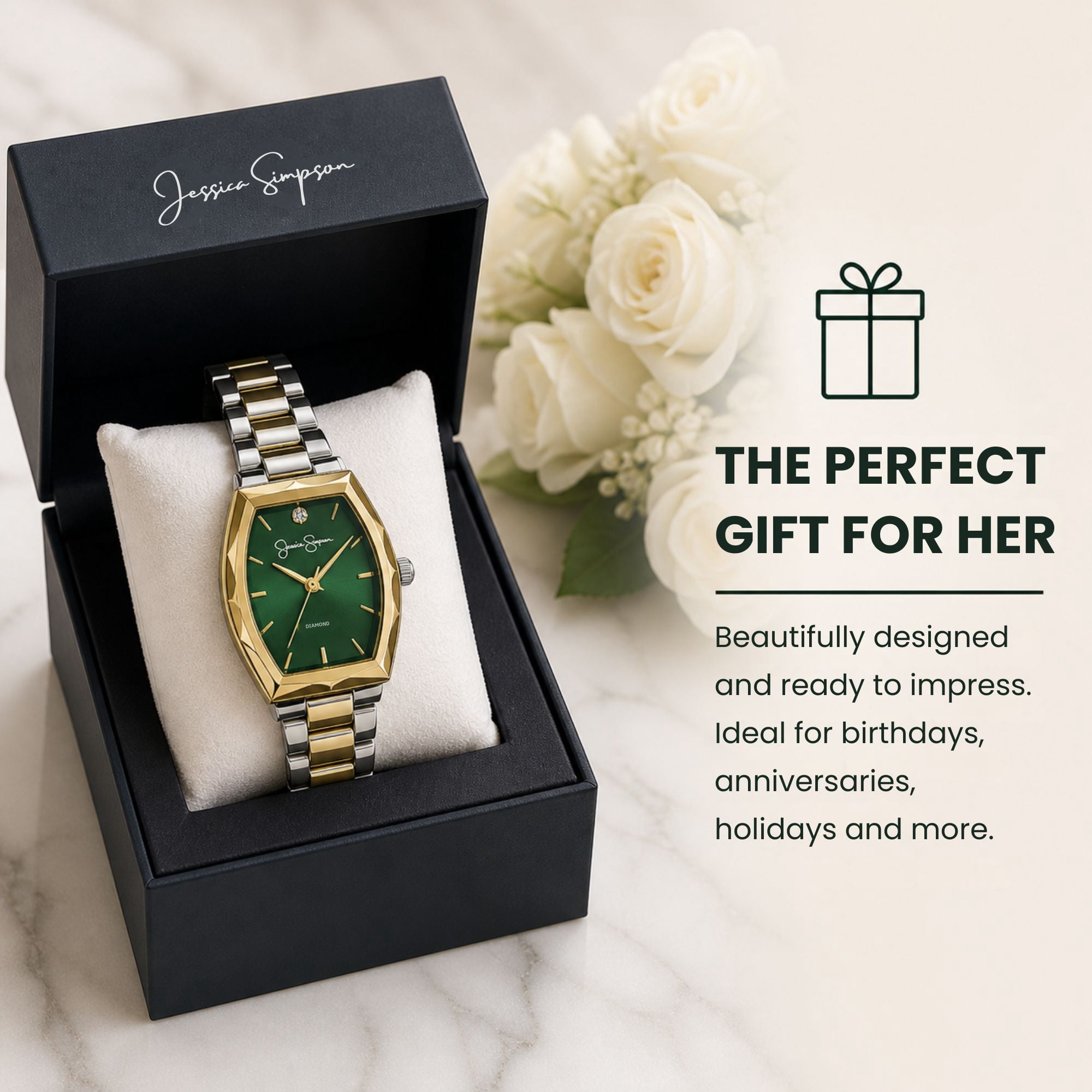 Jessica Simpson Women’s Two Tone Gold Bracelet Watch, Barrel Dial with Crystal Accents, Analog Quartz Dress Watch, 24mm Case