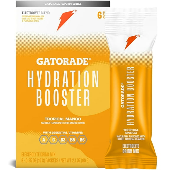 Gatorade Hydration Booster Electrolyte Drink Mix Powder, Tropical Mango, 2.1 oz, 6 Pack