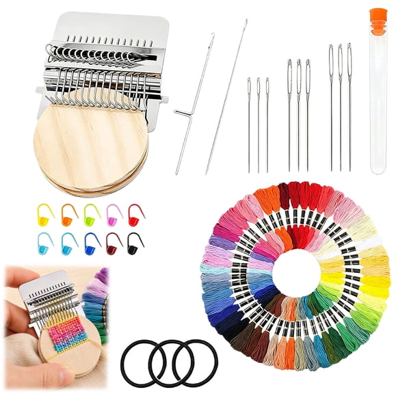 Small Weaving Loom, 14 Hooks Type Weave Tool with 36 Color Darning Threads for DIY Artful Patterns and Clothes Repair