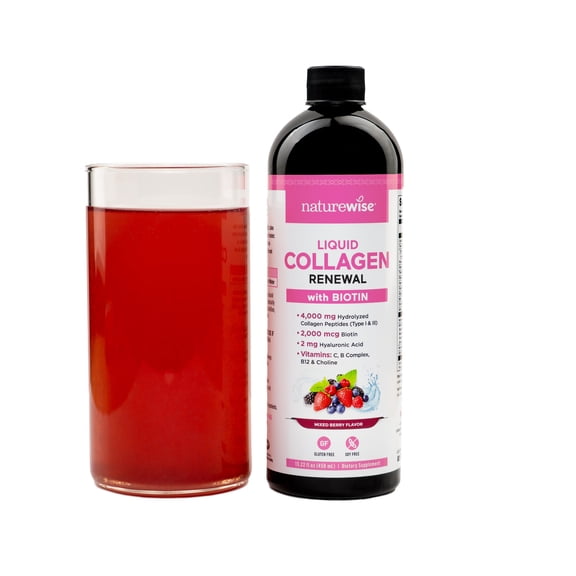NatureWise Hydrolyzed Liquid Collagen for Women & Men 4000mg - Multi Collagen Peptides   Biotin   Vitamin C   Vitamin B Complex & Hyaluronic Acid - Mixed Berry - 15.22 fl oz[45 Day Supply]