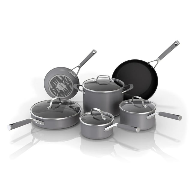 Ninja CW69010 NeverStick Comfort Grip Juego de utensilios de cocina de 10 piezas, antiadherente, duradero, resistente a los arañazos, apto para lavaplatos, horno hasta 400 °F, asas de silicona, gris