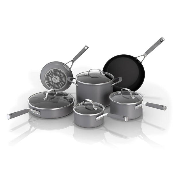 Ninja CW69010 NeverStick Comfort Grip Juego de utensilios de cocina de 10 piezas, antiadherente, duradero, resistente a los arañazos, apto para lavaplatos, horno hasta 400 °F, asas de silicona, gris