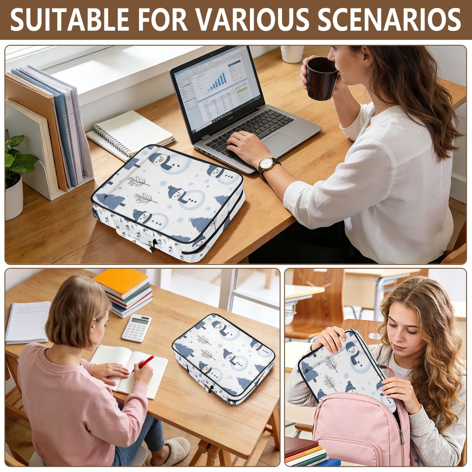 FORMRS Accordion File Folder A4 Size 7-Pocket Expanding Document Organizer Bag with 3 Ring Binder, Cartoon Snowmen