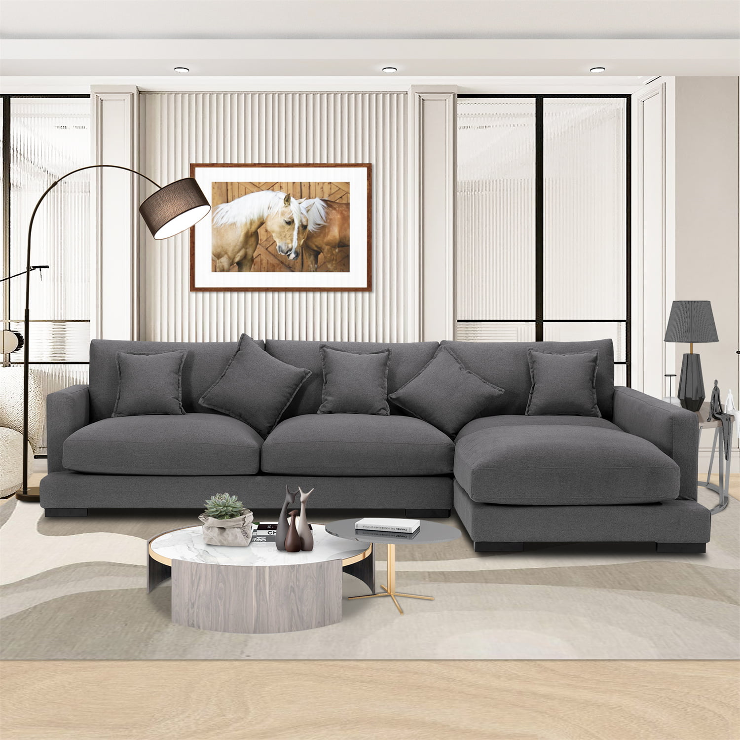 Sectional Sofa with Right Hand Facing Chaise & 5 Toss Pillows, L-Shaped ...