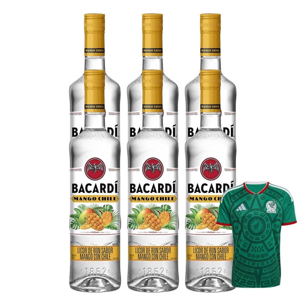 6 Licor de Ron Bacardi Mango Chile 750 ml + Jersey Verde