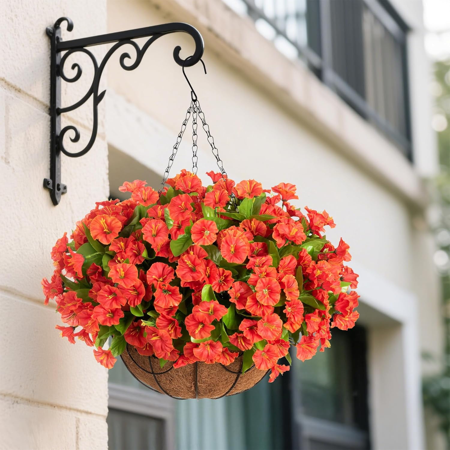 Artificial Fake Hanging Flowers Plants Baskets for Outdoor Outside Summer Decoration, Faux Silk Morning Glory in Planter UV Resistant Realistic for Home Porch Patio Balcony Garden Yard