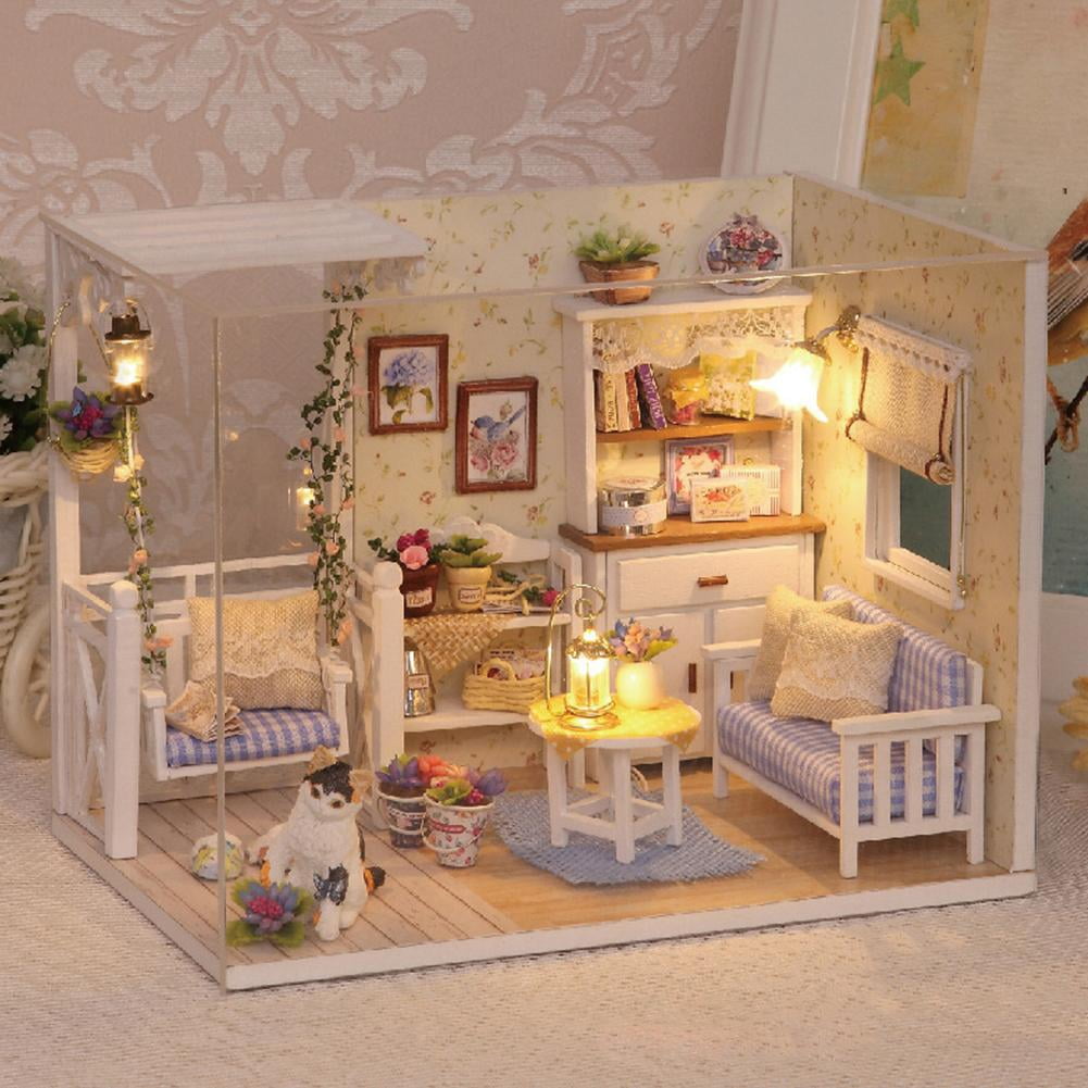 DIY Miniature House Kit Mini Doll House Model Tiny Home Build Diorama Craft Kit with LED Dust Cover for Beginners Christmas Halloween Holiday Birthday Gift for Adult(Cat Room)