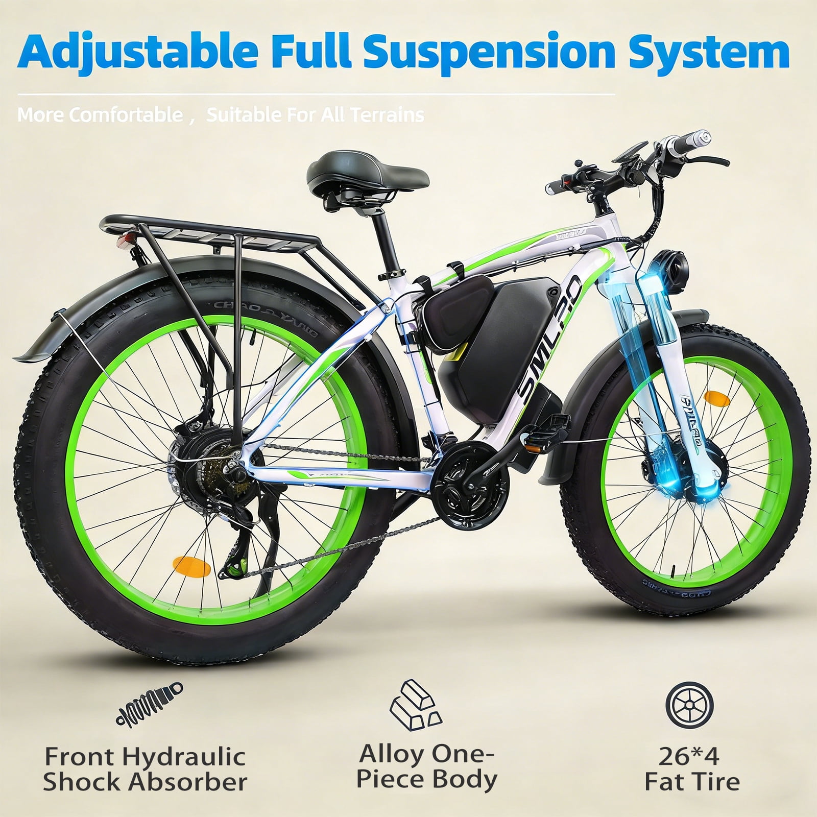 5000W (Peak) Electric Bike for Adults, 26x4.0 Fat Tire E-Mountain Bicycle, 52V-30Ah Removable Battery Ebike, Electric Motorcycle Beach Snow Ebike for Men, Green